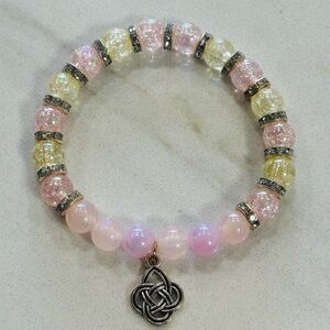 Pink & Champagne Crackle Glass Bead Bracelet with Celtic Knot Charm